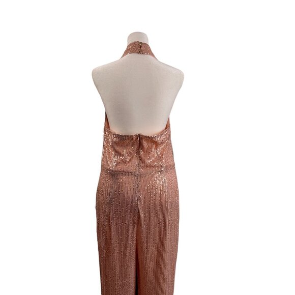 Rose Gold Sequin Halter Wide-Leg Jumpsuit – Open Back - Picture 7 of 9
